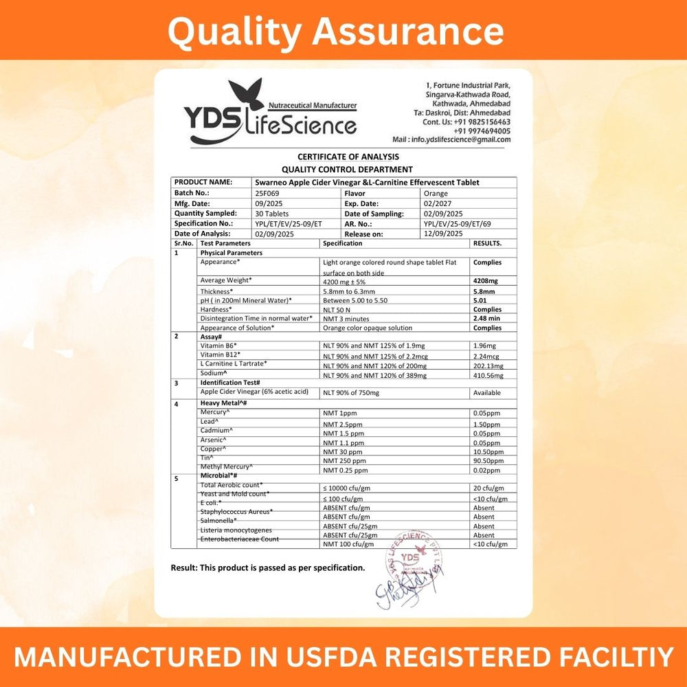 Swarneo Advanced Apple Cider Vinegar + L- Carnitine Tablet