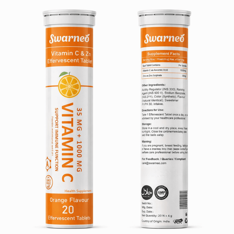Swarneo Vitamin C 1000mg & Zinc 35mg Effervescent Tablets – Orange Flavour - Swarneo